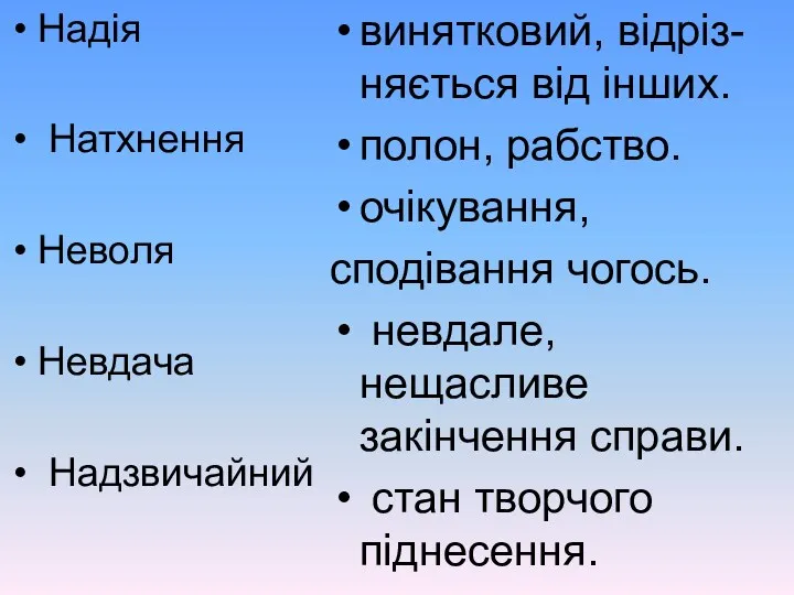 Надія Натхнення Неволя Невдача Надзвичайний винятковий, відріз-няється від інших. полон,