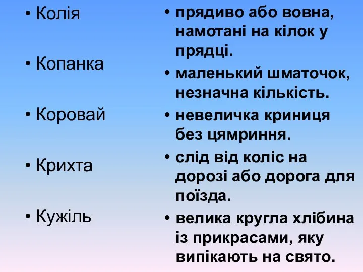 Колія Копанка Коровай Крихта Кужіль прядиво або вовна, намотані на