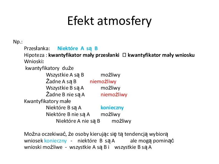 Efekt atmosfery Np.: Przesłanka: Niektóre A są B Hipoteza :