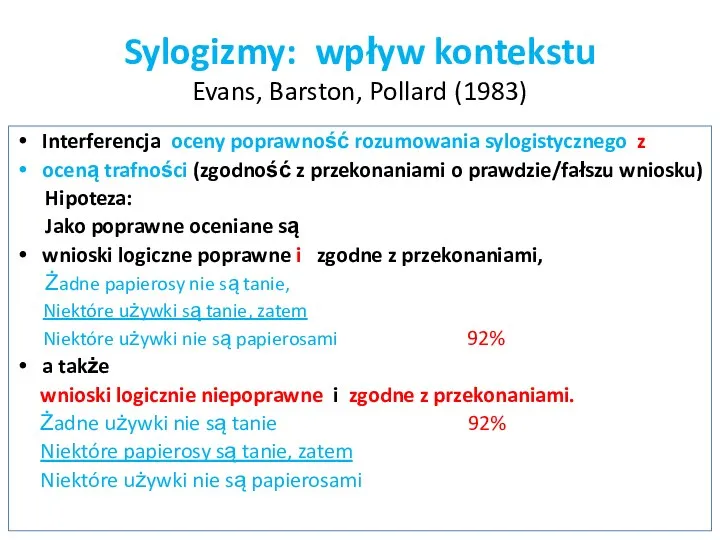 Sylogizmy: wpływ kontekstu Evans, Barston, Pollard (1983) Interferencja oceny poprawność