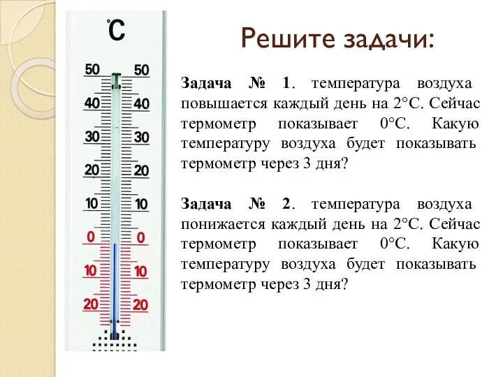 Решите задачи: Задача № 1. температура воздуха повышается каждый день на 2°С. Сейчас