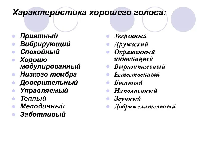 Характеристика хорошего голоса: Приятный Вибрирующий Спокойный Хорошо модулированный Низкого тембра