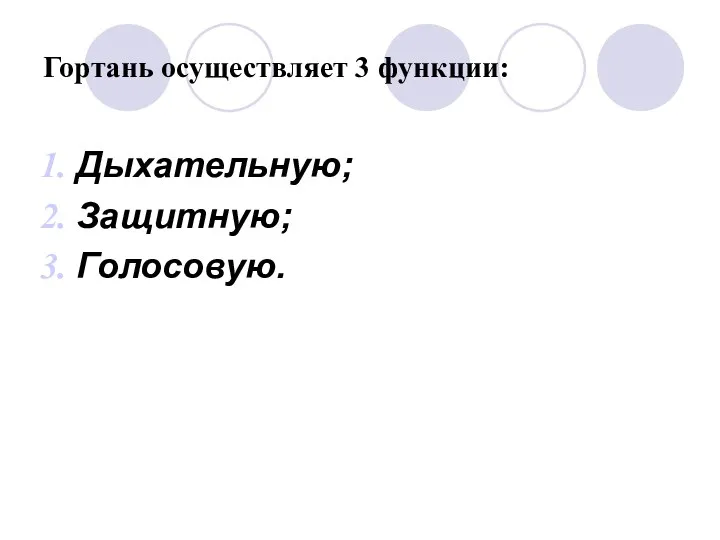 Гортань осуществляет 3 функции: Дыхательную; Защитную; Голосовую.