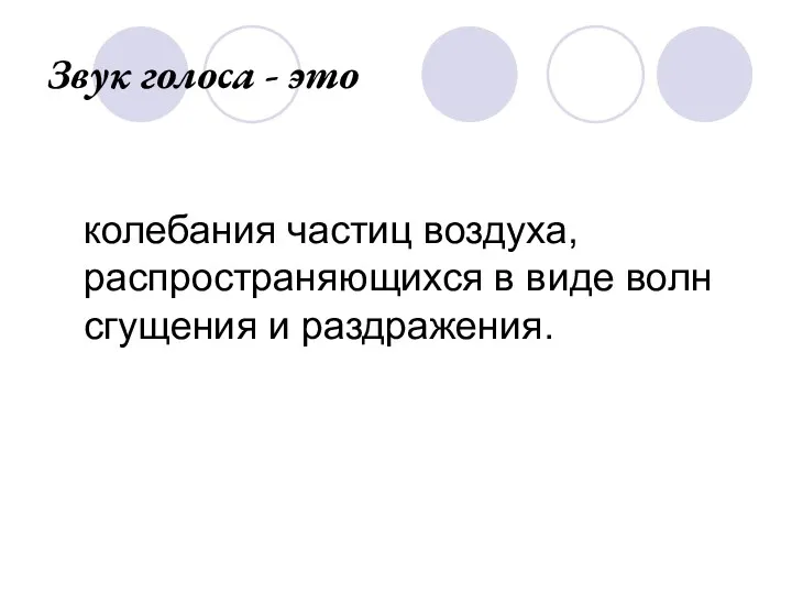 Звук голоса - это колебания частиц воздуха, распространяющихся в виде волн сгущения и раздражения.