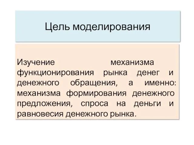 Цель моделирования Изучение механизма функционирования рынка денег и денежного обращения,