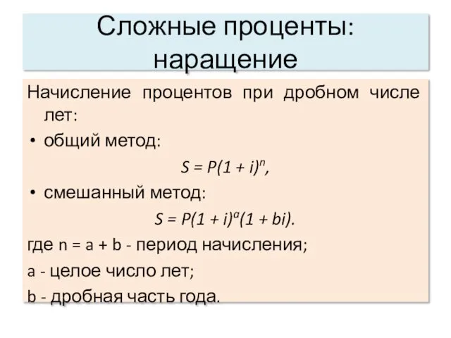 Сложные проценты: наращение Начисление процентов при дробном числе лет: общий