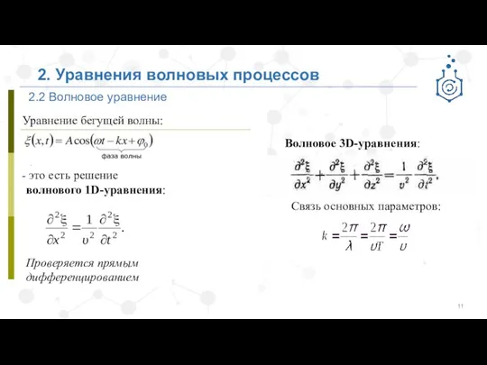 2.2 Волновое уравнение 2. Уравнения волновых процессов Уравнение бегущей волны: