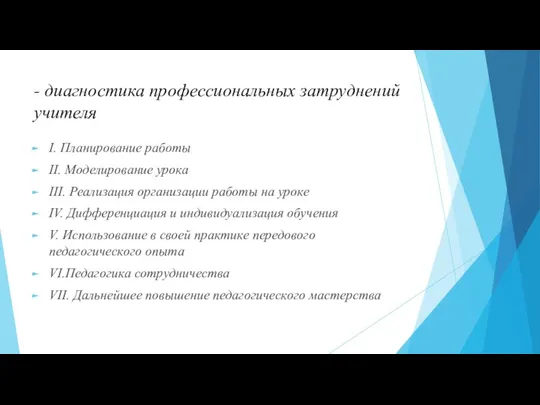 - диагностика профессиональных затруднений учителя I. Планирование работы II. Моделирование