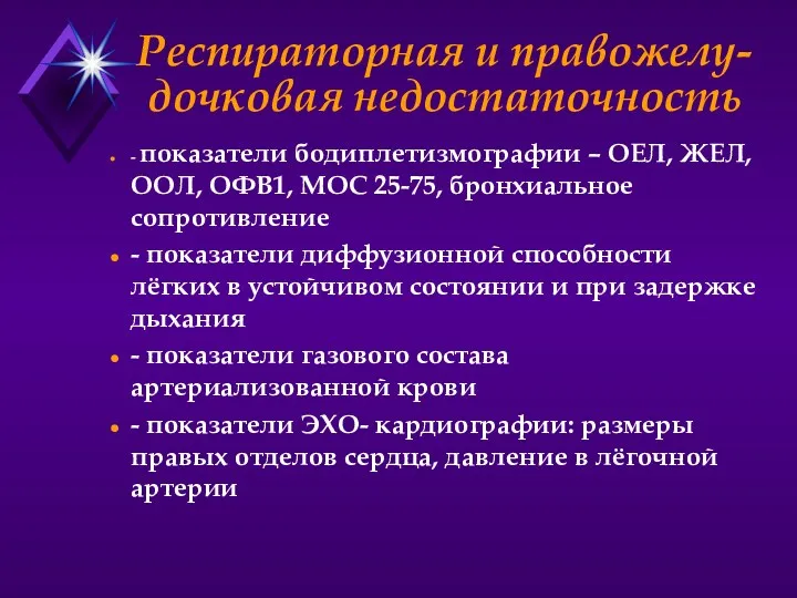 Респираторная и правожелу-дочковая недостаточность - показатели бодиплетизмографии – ОЕЛ, ЖЕЛ,