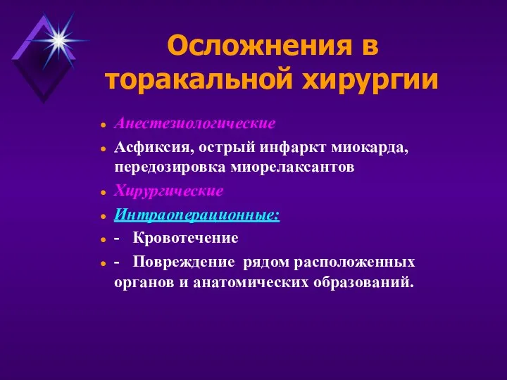 Осложнения в торакальной хирургии Анестезиологические Асфиксия, острый инфаркт миокарда, передозировка