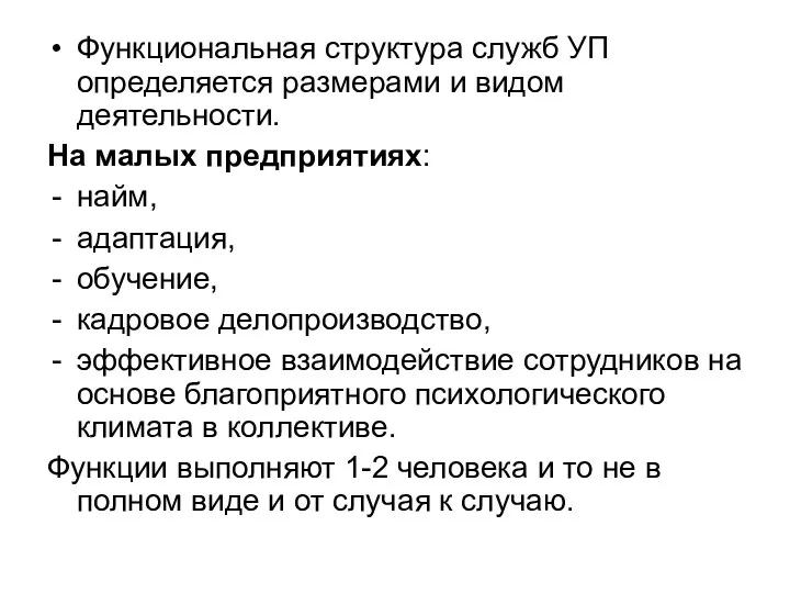 Функциональная структура служб УП определяется размерами и видом деятельности. На