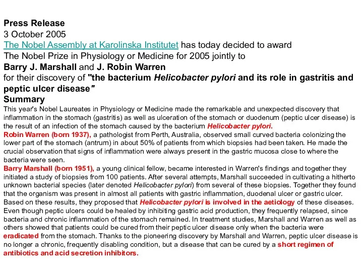 Press Release 3 October 2005 The Nobel Assembly at Karolinska