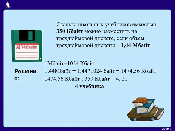 Сколько школьных учебников емкостью 350 Кбайт можно разместить на трехдюймовой