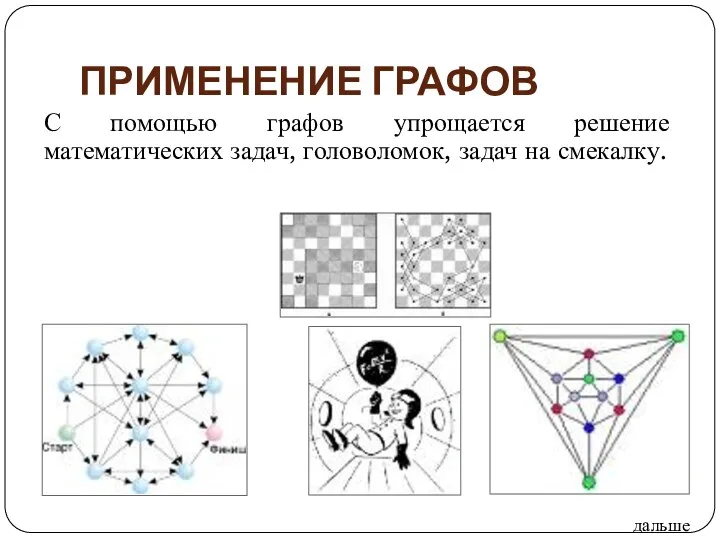 ПРИМЕНЕНИЕ ГРАФОВ С помощью графов упрощается решение математических задач, головоломок, задач на смекалку. дальше