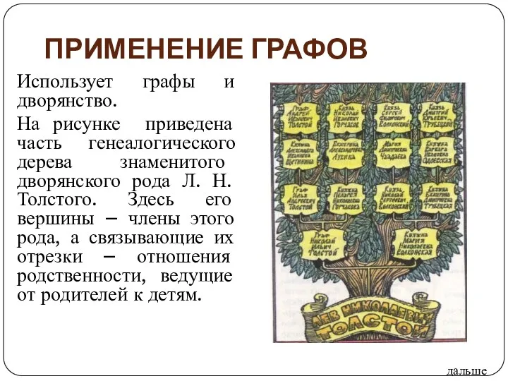 Использует графы и дворянство. На рисунке приведена часть генеалогического дерева