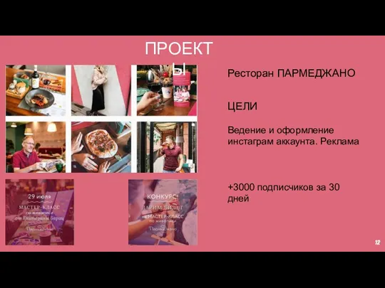 ПРОЕКТЫ ЦЕЛИ Ведение и оформление инстаграм аккаунта. Реклама Ресторан ПАРМЕДЖАНО +3000 подписчиков за 30 дней