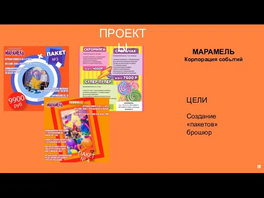 ПРОЕКТЫ ЦЕЛИ Создание «пакетов» брошюр МАРАМЕЛЬ Корпорация событий