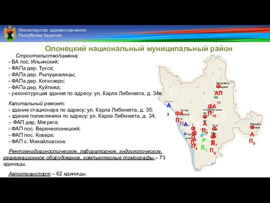 Олонецкий национальный муниципальный район Министерство здравоохранения Республики Карелия . Строительство/замена: