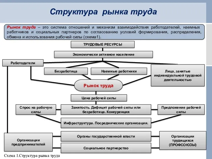 Структура рынка труда Рынок труда – это система отношений и