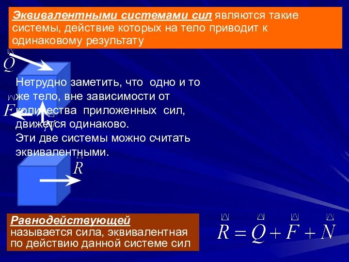 Эквивалентными системами сил являются такие системы, действие которых на тело