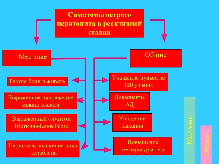 Выраженный симптом Щеткина-Блюмберга Учащение пульса до 120 уд.мин. Учащение дыхания