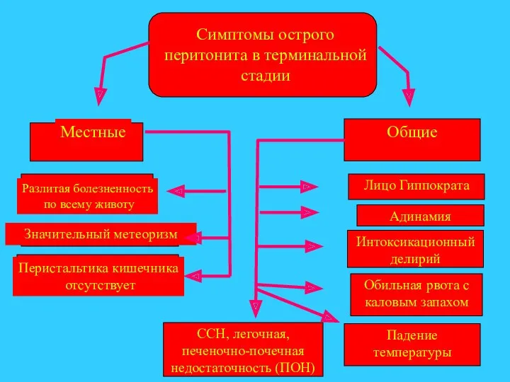 Лицо Гиппократа Обильная рвота с каловым запахом Адинамия Симптомы острого