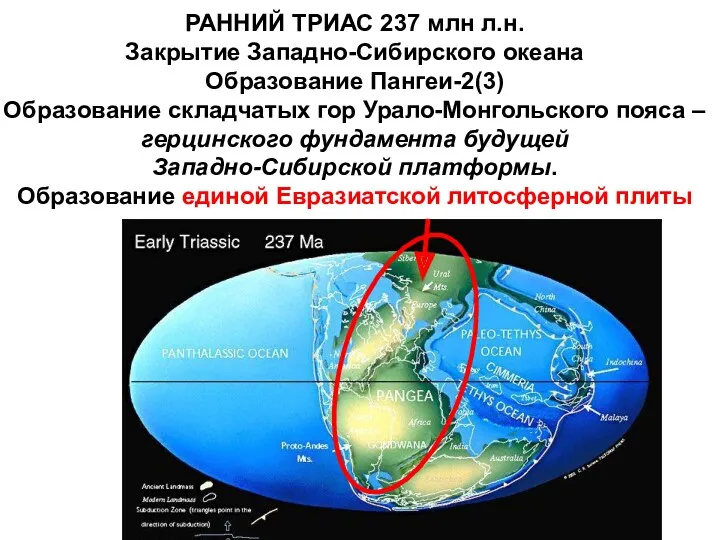 РАННИЙ ТРИАС 237 млн л.н. Закрытие Западно-Сибирского океана Образование Пангеи-2(3) Образование складчатых гор