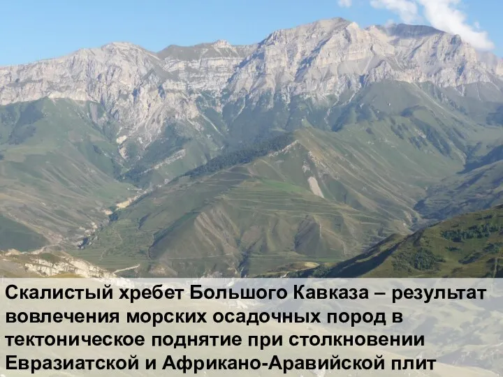 Скалистый хребет Большого Кавказа – результат вовлечения морских осадочных пород в тектоническое поднятие