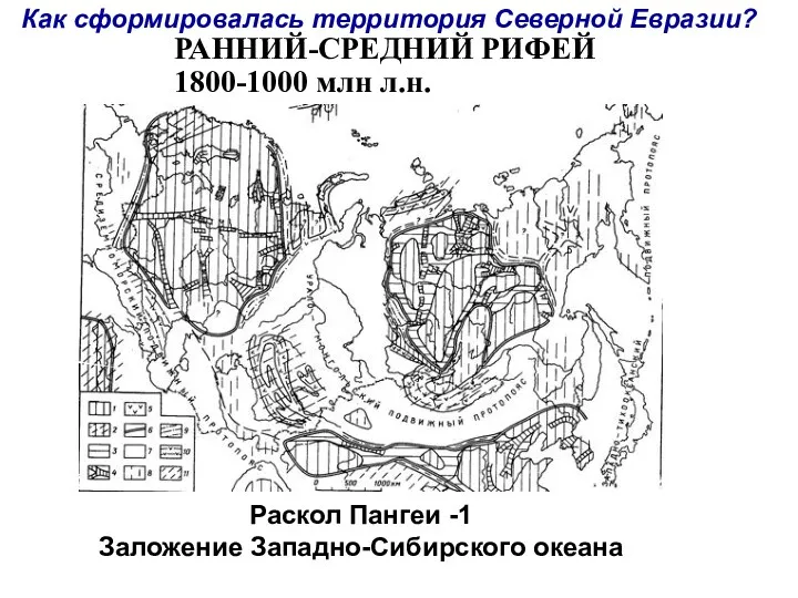 РАННИЙ-СРЕДНИЙ РИФЕЙ 1800-1000 млн л.н. Раскол Пангеи -1 Заложение Западно-Сибирского океана Как сформировалась территория Северной Евразии?