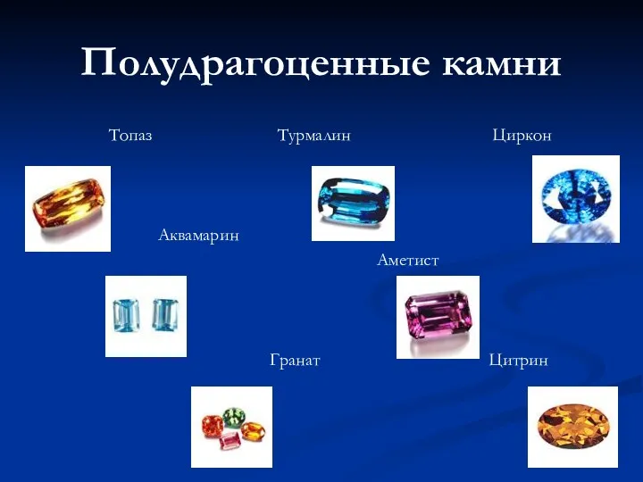 Полудрагоценные камни Топаз Турмалин Аквамарин Аметист Гранат Цитрин Циркон