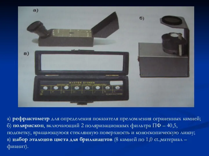 а) рефрактометр для определения показателя преломления ограненных камней; б) полярископ,