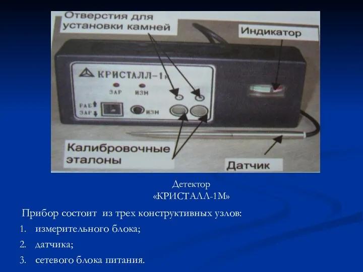 Прибор состоит из трех конструктивных узлов: измерительного блока; датчика; сетевого блока питания. Детектор «КРИСТАЛЛ-1М»