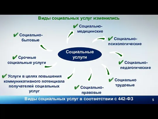 Виды социальных услуг в соответствии с 442-ФЗ Социальные услуги Виды