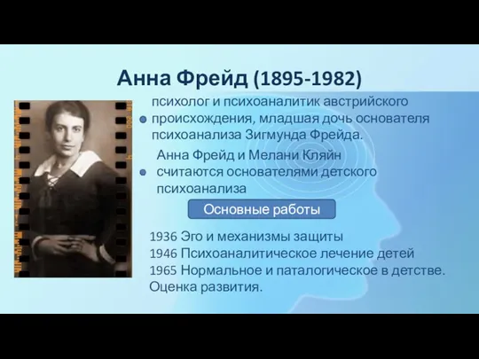 Анна Фрейд (1895-1982) психолог и психоаналитик австрийского происхождения, младшая дочь