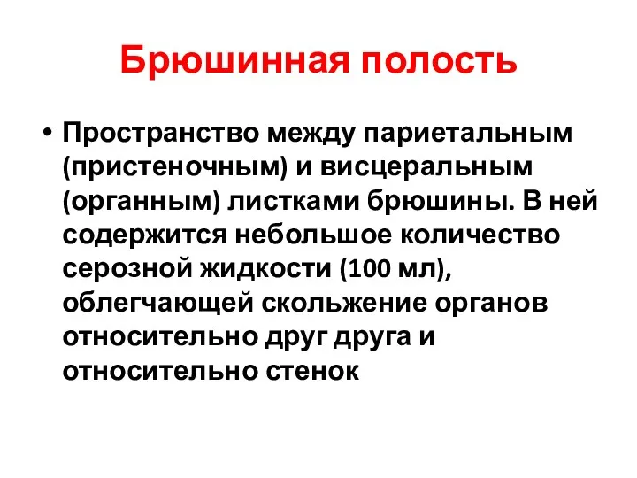 Брюшинная полость Пространство между париетальным (пристеночным) и висцеральным (органным) листками