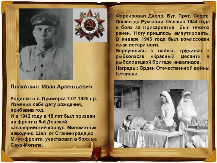 Плахоткин Иван Арсентьевич Родился в с. Приморка 7.07.1925 г.р. Изменил