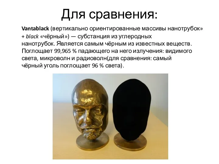 Для сравнения: Vantablack (вертикально ориентированные массивы нанотрубок» + black «чёрный»)