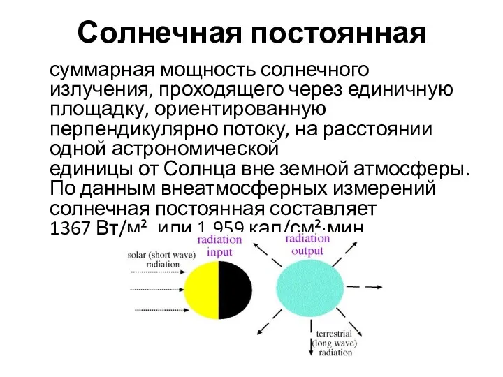 Солнечная постоянная суммарная мощность солнечного излучения, проходящего через единичную площадку,