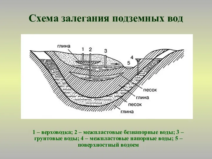 Схема залегания подземных вод 1 – верховодка; 2 – межпластовые