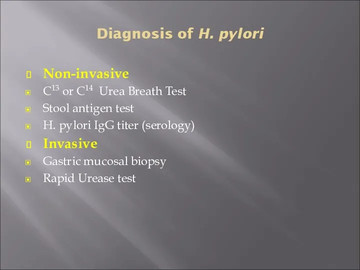 Diagnosis of H. pylori Non-invasive C13 or C14 Urea Breath