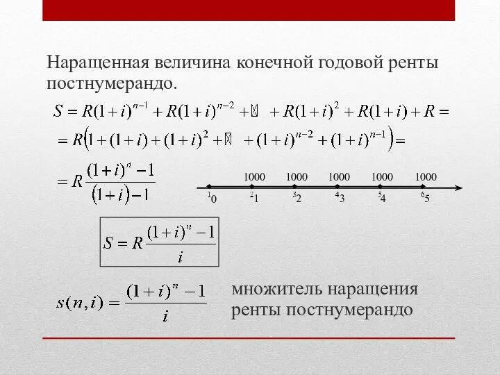 Наращенная величина конечной годовой ренты постнумерандо. множитель наращения ренты постнумерандо