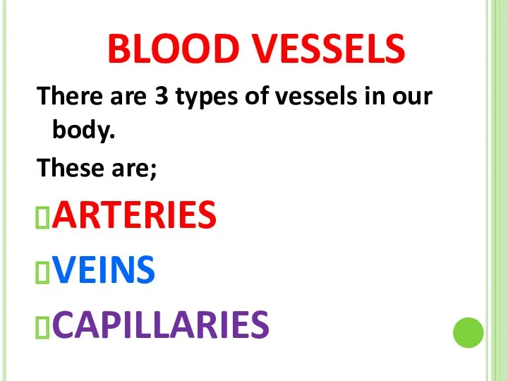 BLOOD VESSELS There are 3 types of vessels in our body. These are; ARTERIES VEINS CAPILLARIES