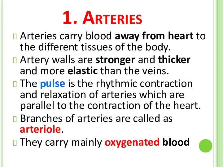 1. Arteries Arteries carry blood away from heart to the