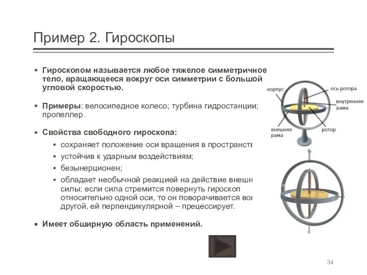 Пример 2. Гироскопы Гироскопом называется любое тяжелое симметричное тело, вращающееся