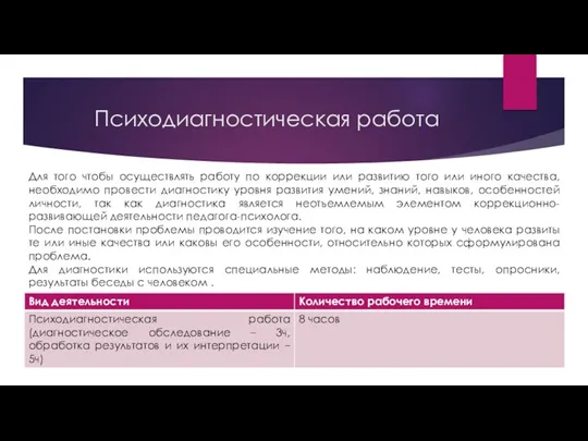 Психодиагностическая работа Для того чтобы осуществлять работу по коррекции или