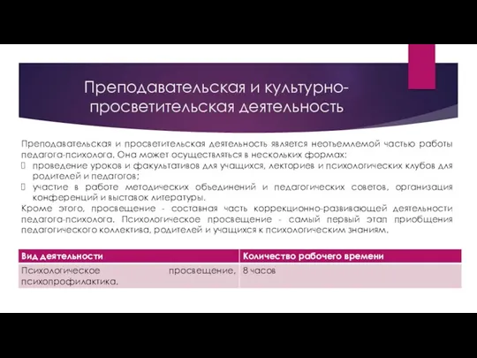 Преподавательская и культурно-просветительская деятельность Преподавательская и просветительская деятельность является неотъемлемой