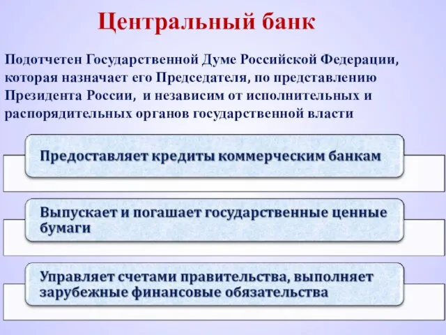 Центральный банк Подотчетен Государственной Думе Российской Федерации, которая назначает его Председателя, по представлению
