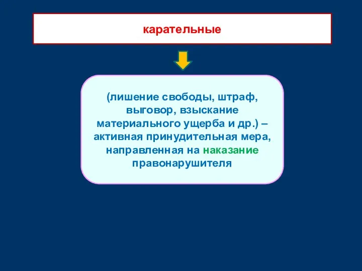 (лишение свободы, штраф, выговор, взыскание материального ущерба и др.) – активная принудительная мера,