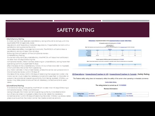 SAFETY RATING Satisfactory Rating A motor carrier that receives a