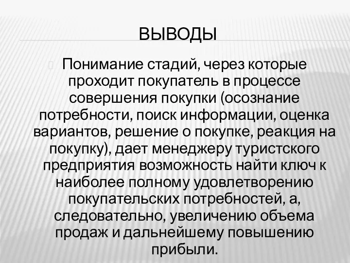 ВЫВОДЫ Понимание стадий, через которые проходит покупатель в процессе совершения